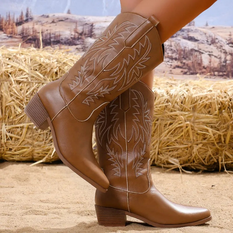 Faux Leather Cowboy Boots with Embroidered Illustrations - Tansy