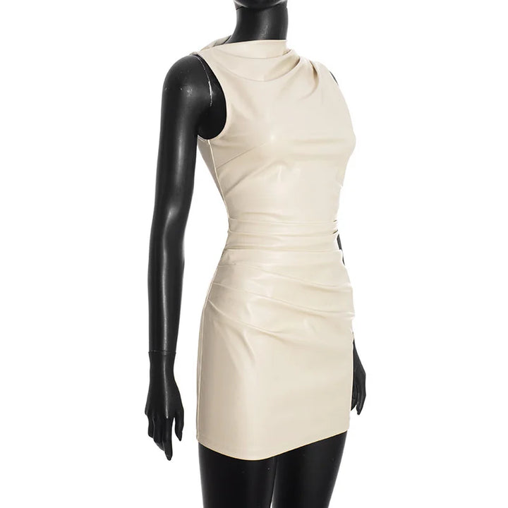 Mini Faux Leather Dress with Pleats Design - SIERA