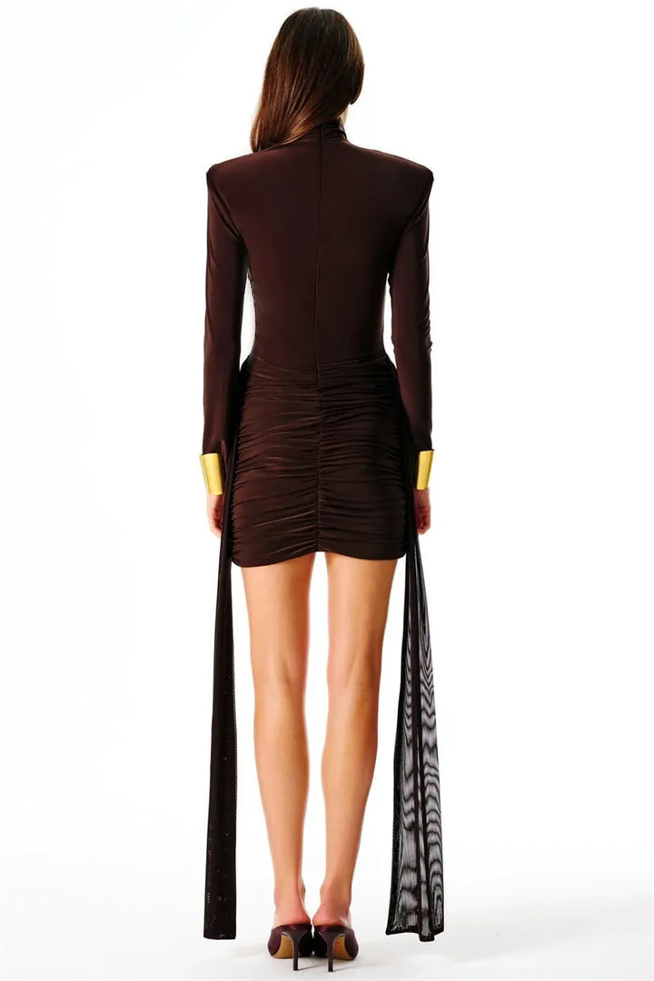 Mini turtleneck dress with chiffon ruched bottom, cross cut, and chiffon ruffle decoration - Marina