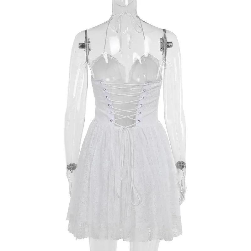 A-Line Lace Mini Dress with Neck Tie - El