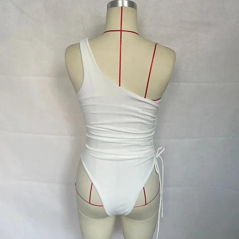 One-Piece Swimsuit with One Shoulder Strap and Ruched Strings - Roselia