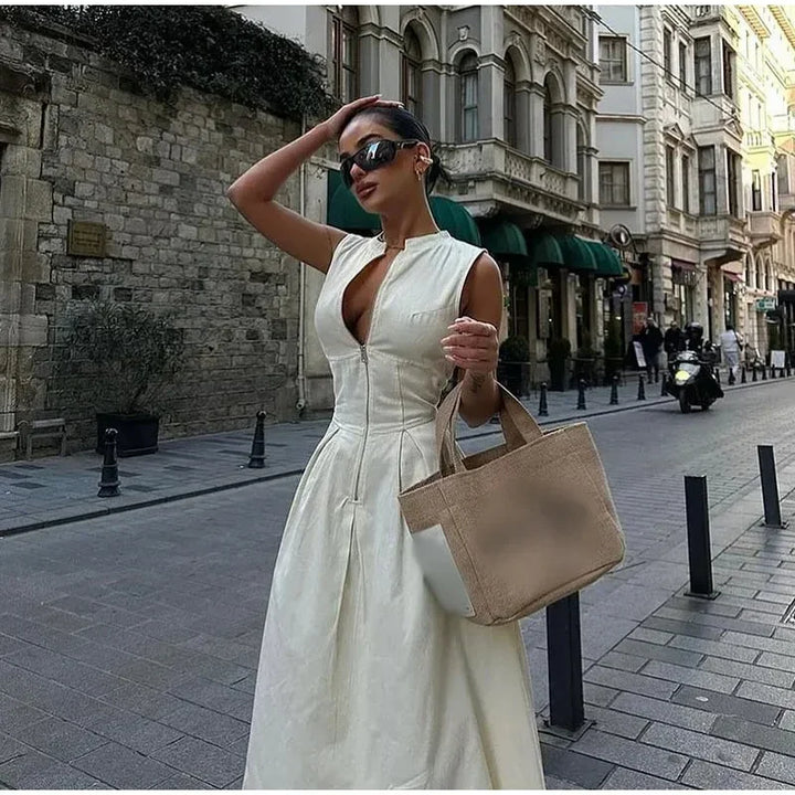 Tailored A-Line Maxi Dress with Front Zipper Closure - Adriana