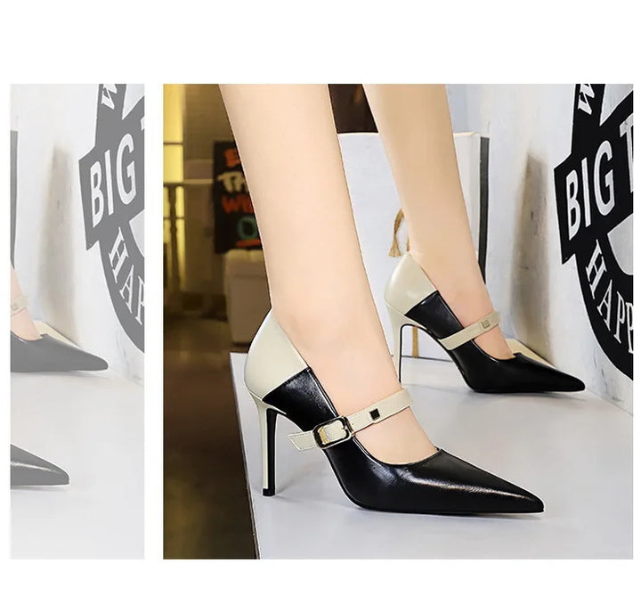 Faux Leather Pointed Heel Shoes with Buckle Decoration - Margaret