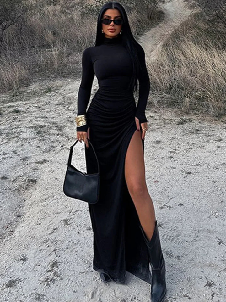 Maxi Dress with Ruching, Turtleneck, and Deep Slit - Sasha