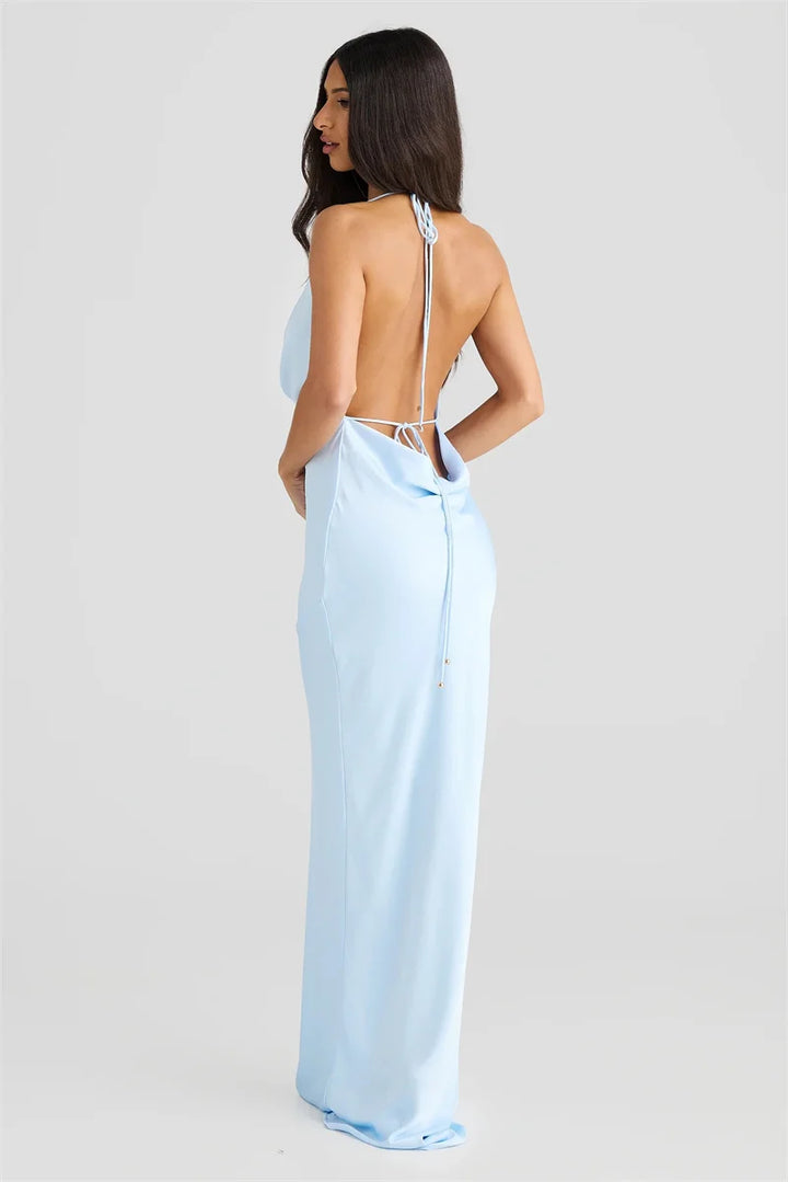Satin Maxi Dress with Open Back and Draped Collar - Paula
