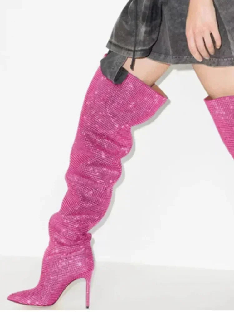 High Pointed Heel Boots with Sparkling Rhinestone Design - Josie