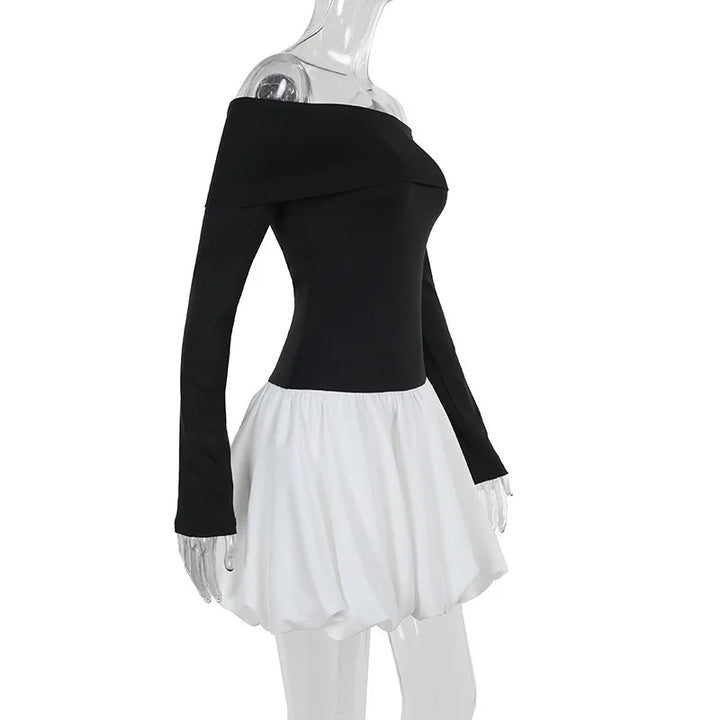 Monochrome balloon mini dress with bare shoulders - Lis