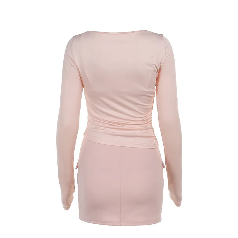 Three-Piece Set: Mini Skirt, Shirt, and Fitted Corset with Pocket Detail - Pearl