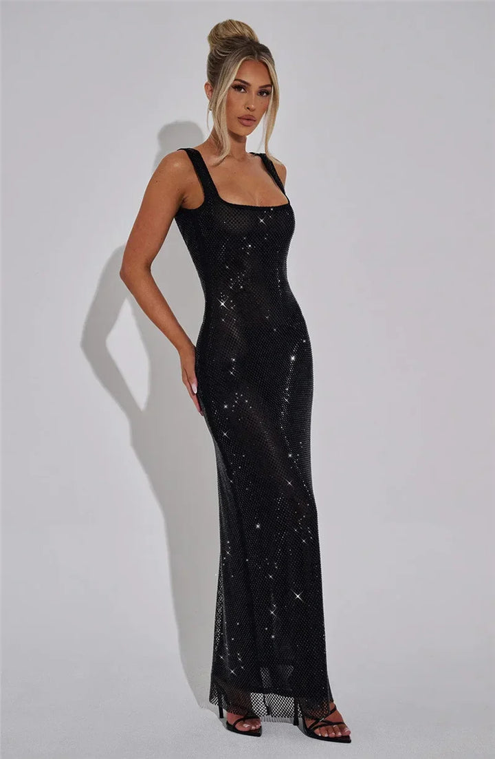 Mesh Maxi Dress with Sparkling Sequin Embellishment and Layered Skirt - Isla