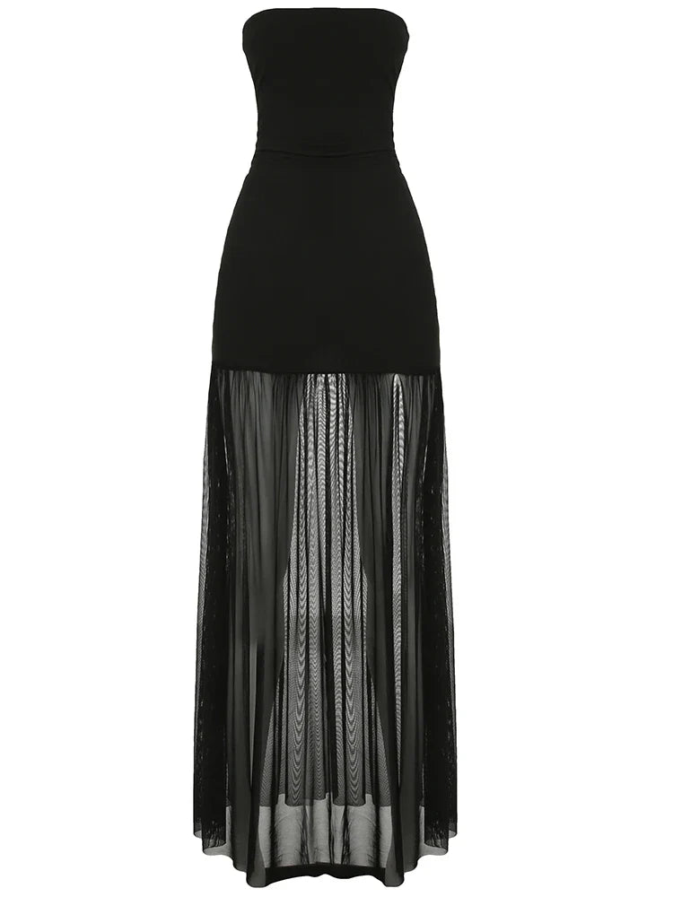 Strapless maxi dress with chiffon decoration and slit - Lettie