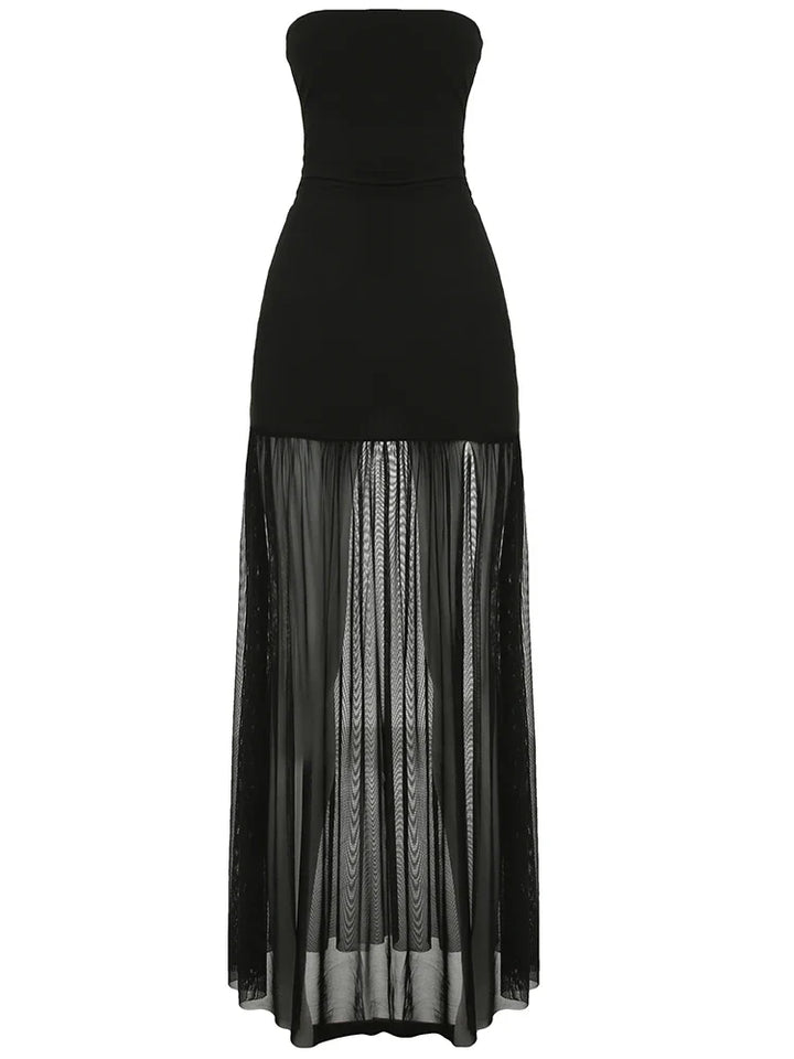 Strapless maxi dress with chiffon decoration and slit - Lettie