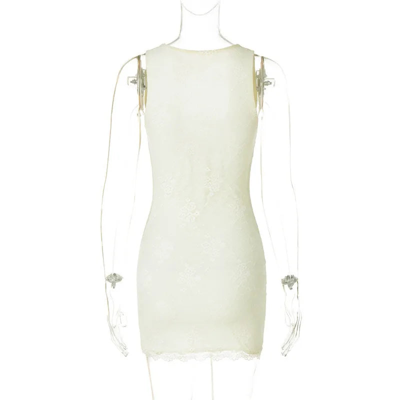 Fitted mini dress with lace, floral embroidery, and small slit - Neil
