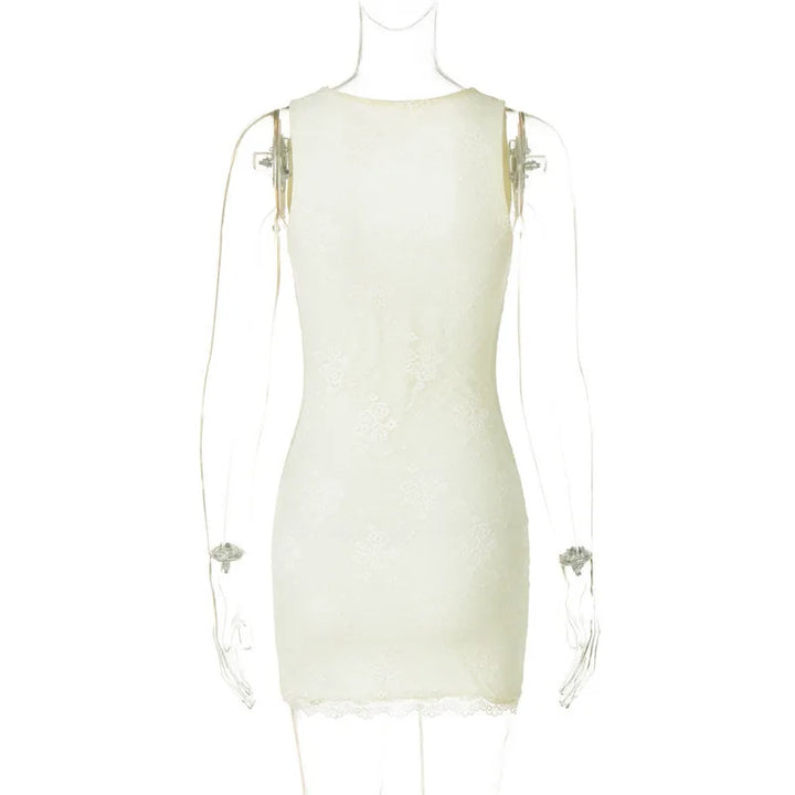 Fitted mini dress with lace, floral embroidery, and small slit - Neil