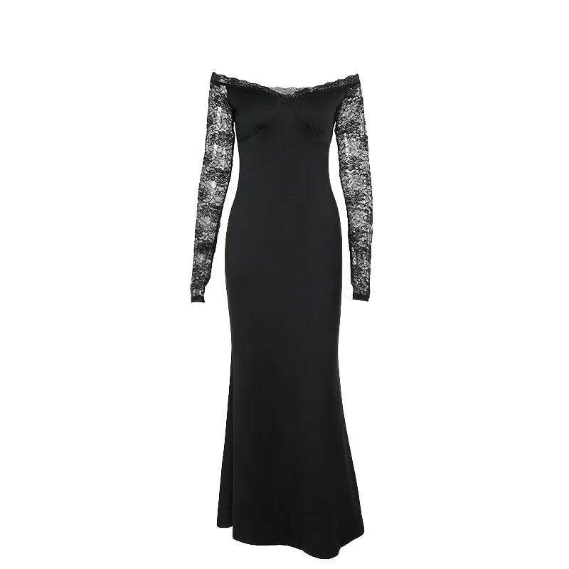 Maxi Dress with Lace Sleeve Detail and Off-Shoulder Design - Barbara