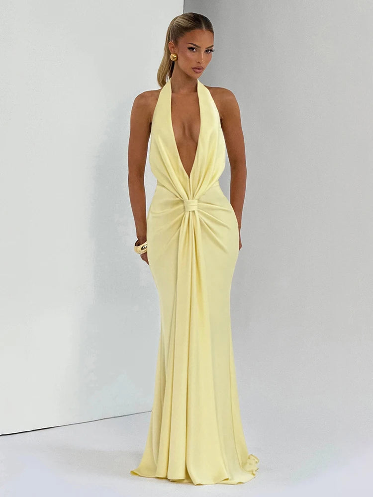 Satin Maxi Dress with V-Neck, Pleats, and Open Back - Shannon
