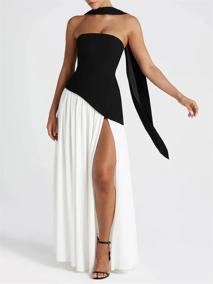 Maxi Strapless Dress with Back Tie, Chiffon Skirt, Slit, and Matching Scarf - Zora