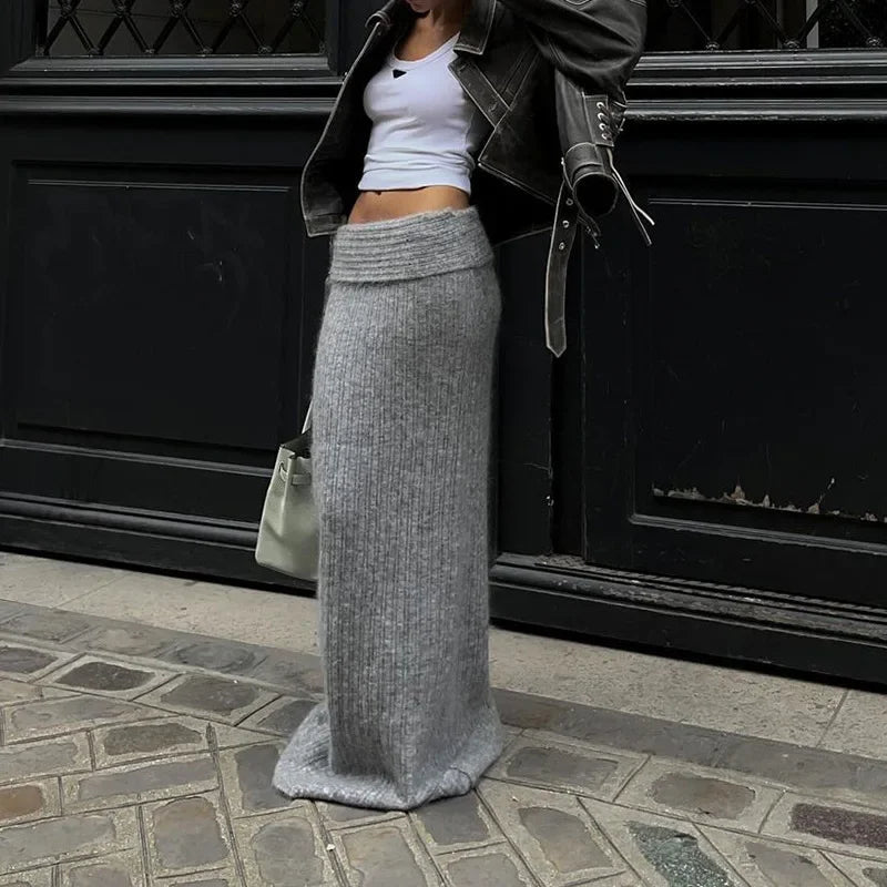 Two-Piece Knit Set with Off-Shoulder Top and Maxi Skirt - Ilona