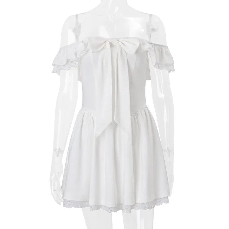 Rustic off-shoulder mini dress with lace decoration - Lali