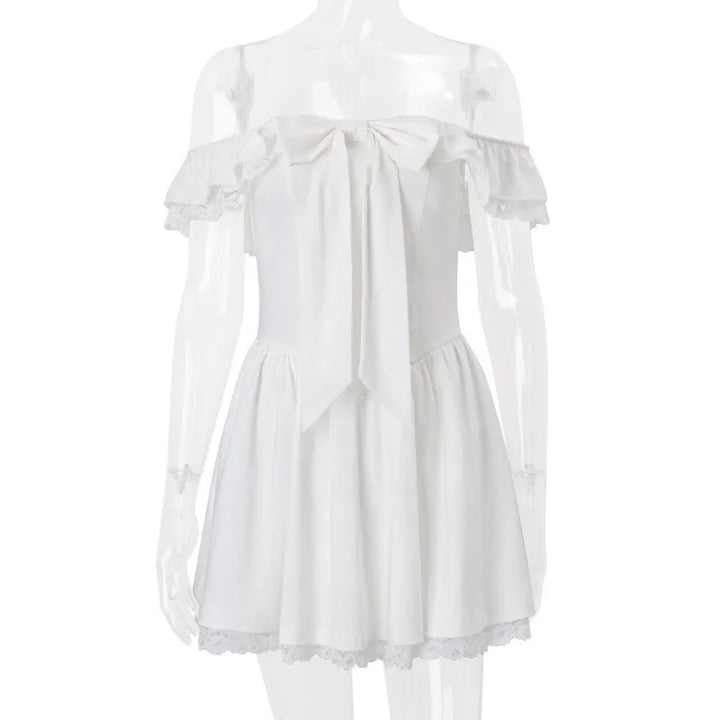 Rustic off-shoulder mini dress with lace decoration - Lali