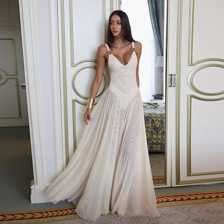 Chiffon Maxi Dress with Buckle Details on Straps - Maria