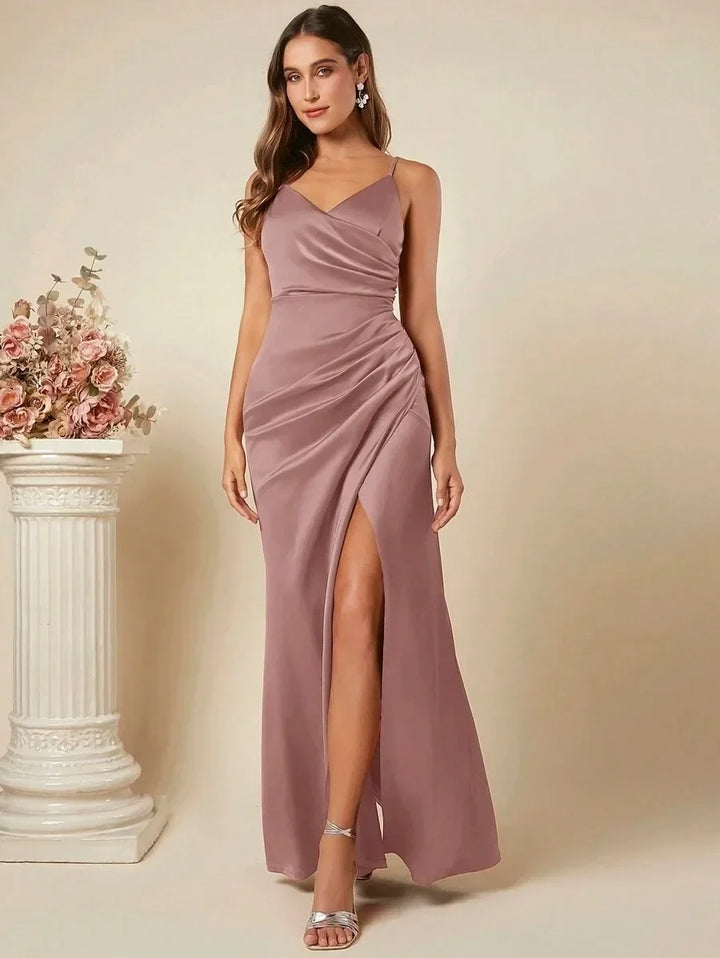 Elegant Maxi Satin Dress with Slit Detail - Reina