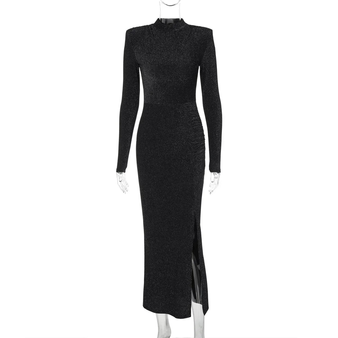Sequin Maxi Dress with Half Turtleneck, Ruched Design, and Short Slit - Hazel