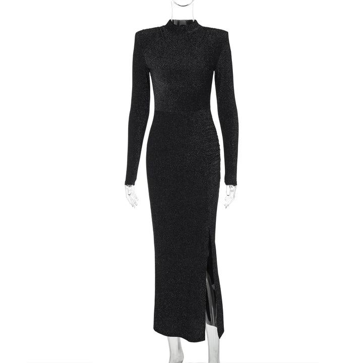 Sequin Maxi Dress with Half Turtleneck, Ruched Design, and Short Slit - Hazel