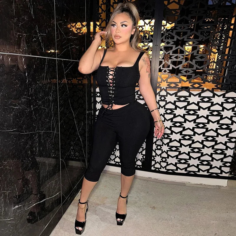 Two-piece set tie top and three-quarter leggings - Nadia
