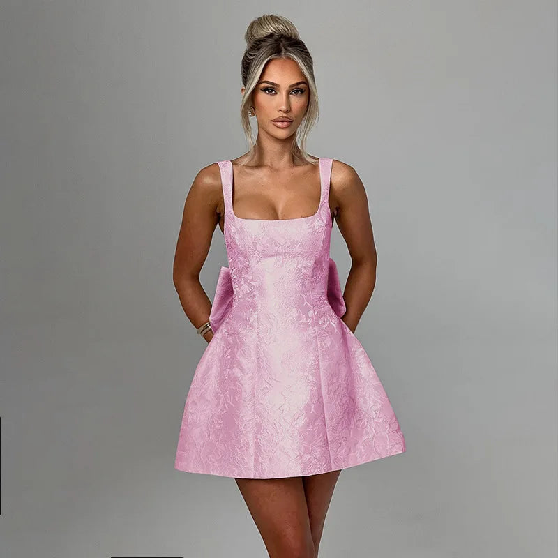 Mini dress with floral illustration print and bow detail on the back - Louisa