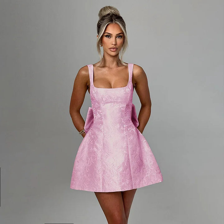 Mini dress with floral illustration print and bow detail on the back - Louisa