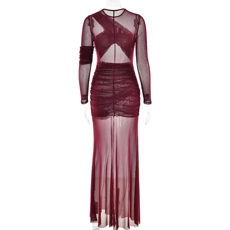 Mesh maxi dress with ruching design - Gvan