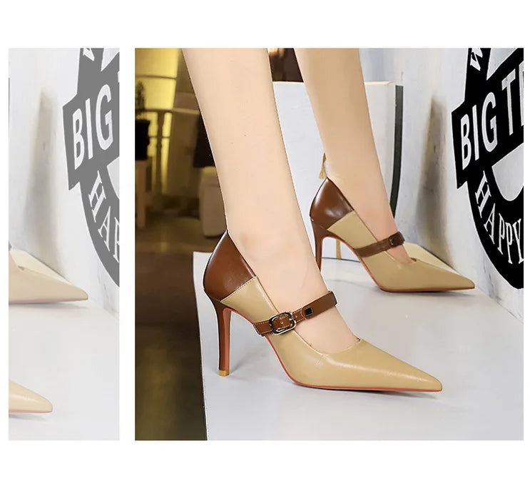 Faux Leather Pointed Heel Shoes with Buckle Decoration - Margaret