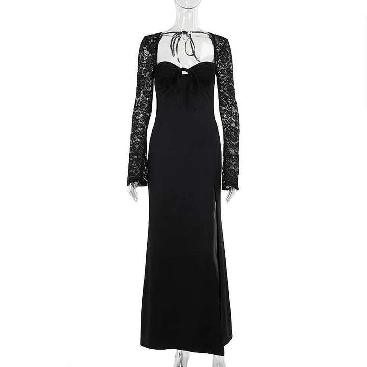 Maxi Dress with Slit and Lace Sleeves - Clarissa