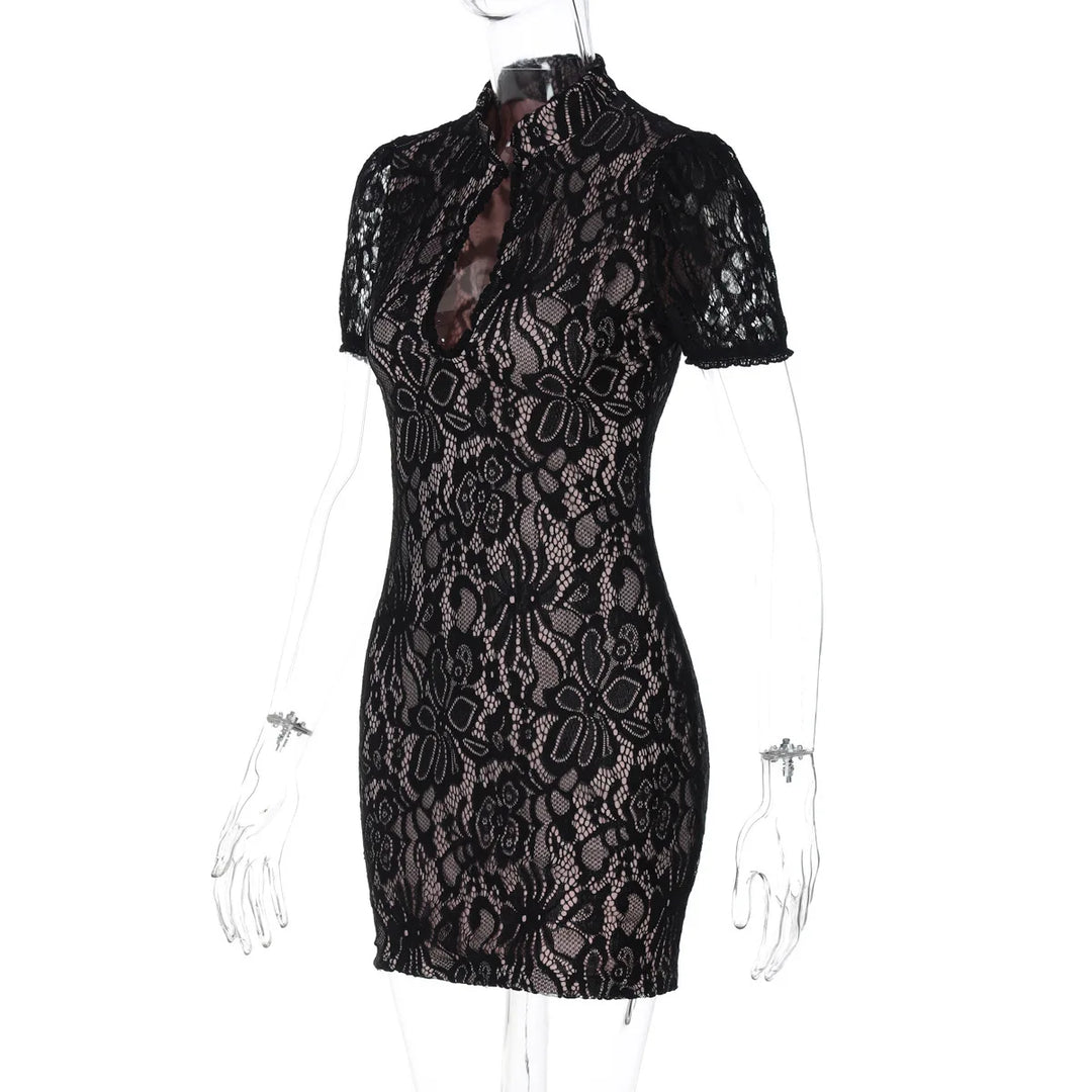 Lace mini dress with turtleneck collar and button decoration - Kimora