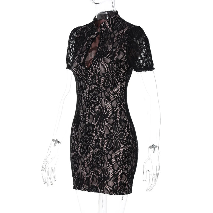 Lace mini dress with turtleneck collar and button decoration - Kimora