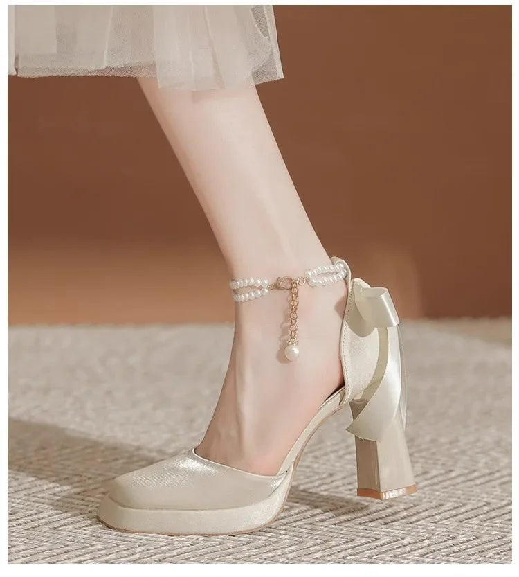 Velvet High Heels with Pearl and Bow Decoration - Vita