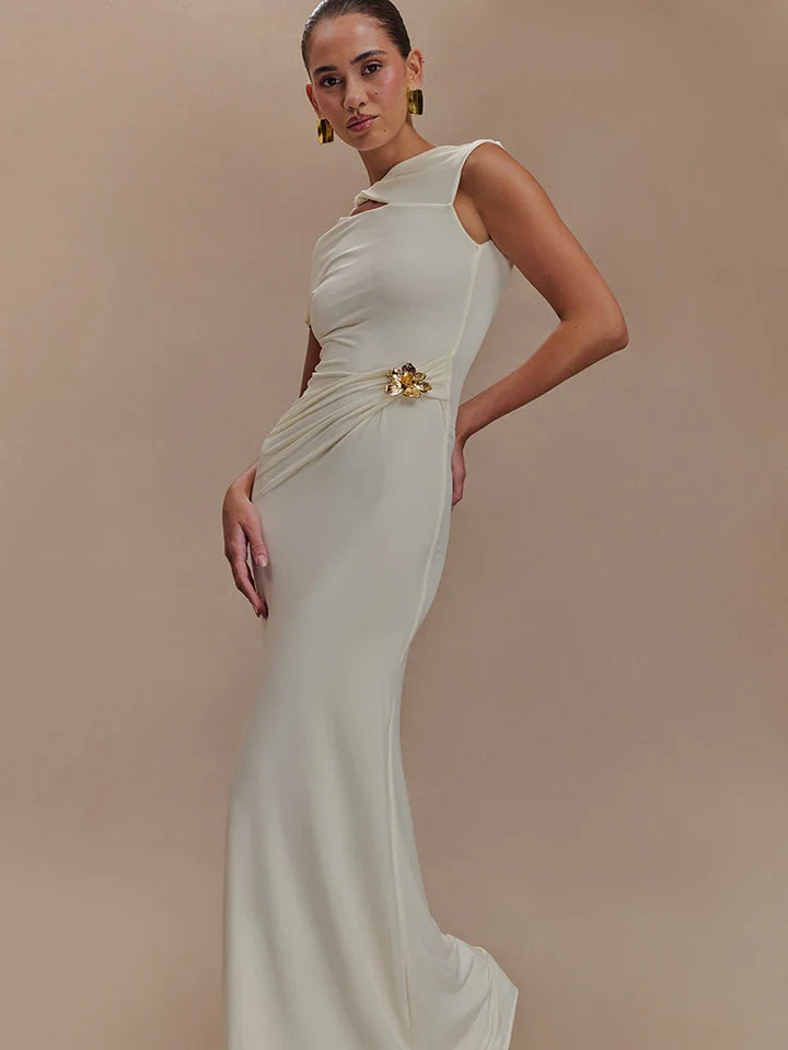 Elegant Maxi Dress with Ruching, One Sleeve, and Buckle Detail - Agatha