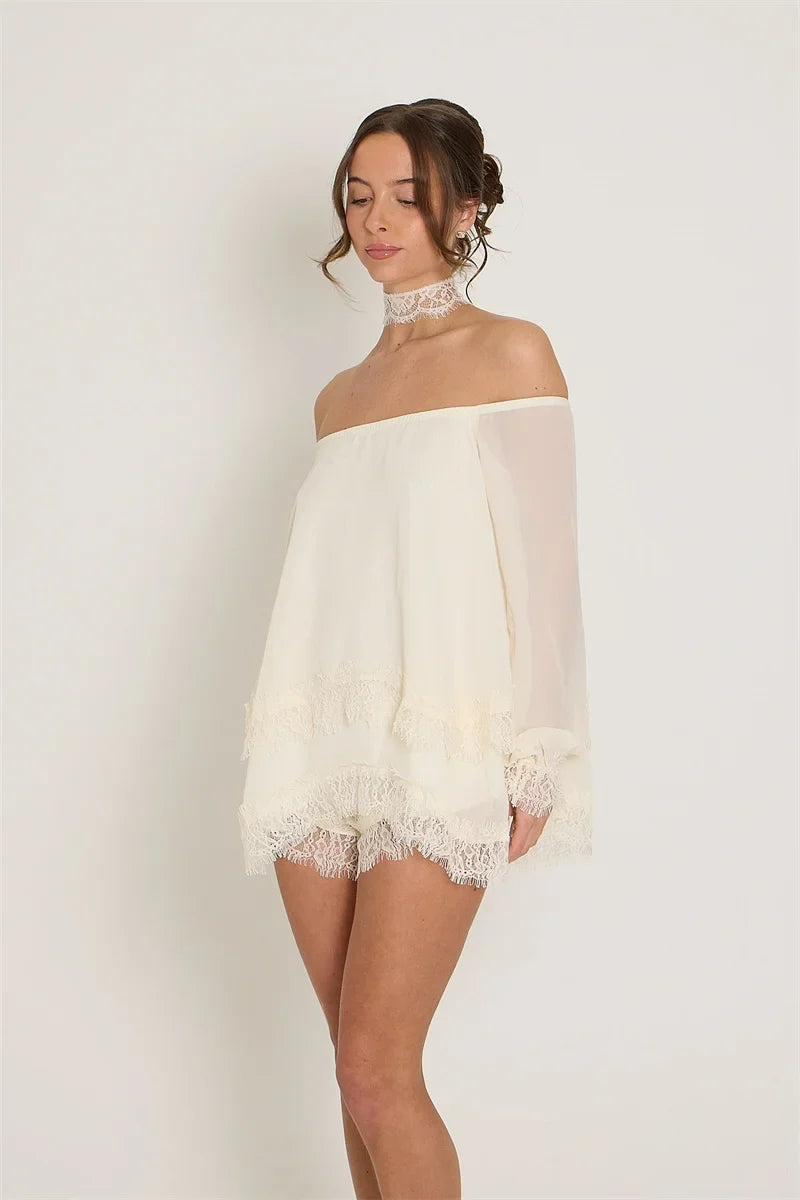 Off-the-shoulder mini dress with lace trim and matching shorts - Mali