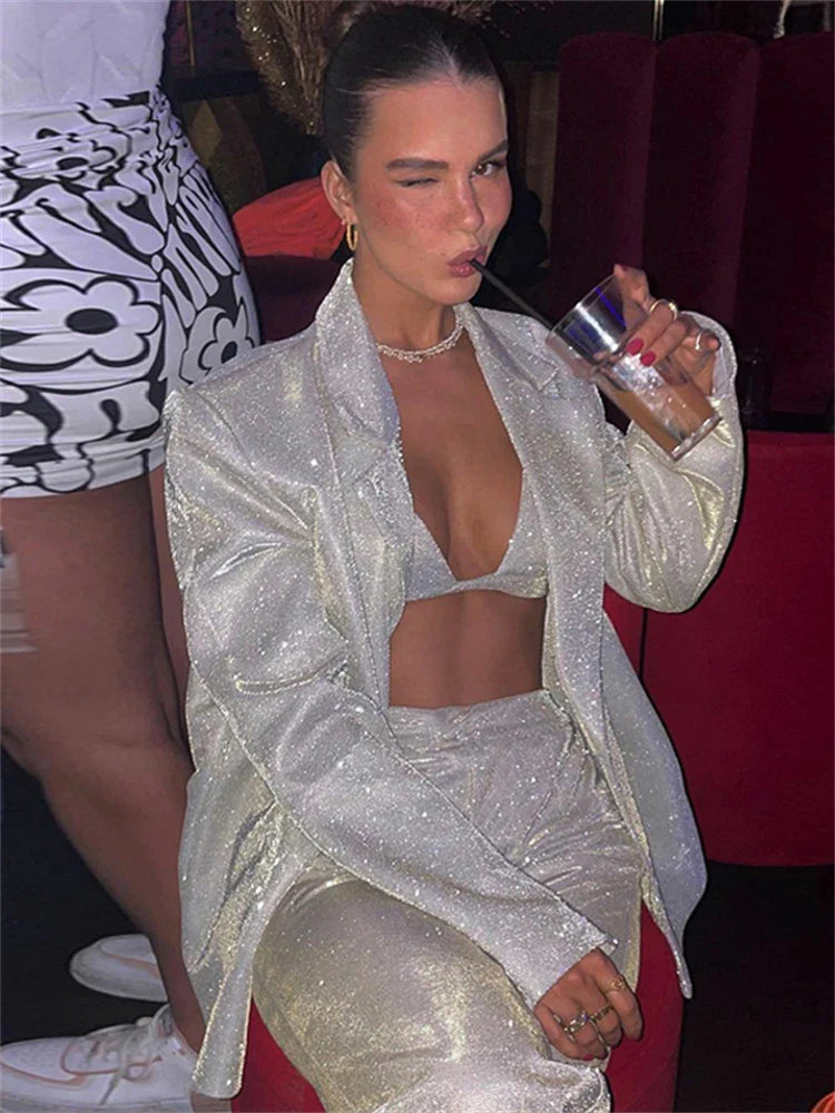 Three-Piece Sequin Suit with Bra, Blazer, and Long High-Waisted Pants - Pasha