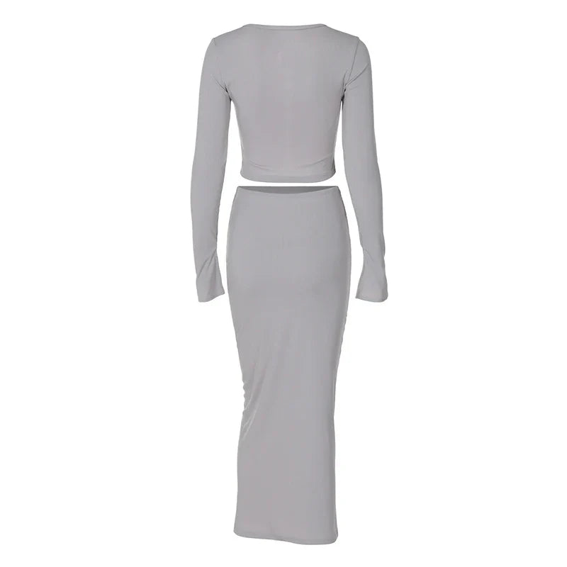 Knitted two-piece set: button-up shirt and fitted maxi skirt - MARIEL