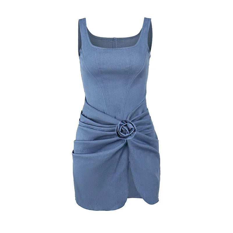 Denim mini dress with corset design and flower detail - Priel
