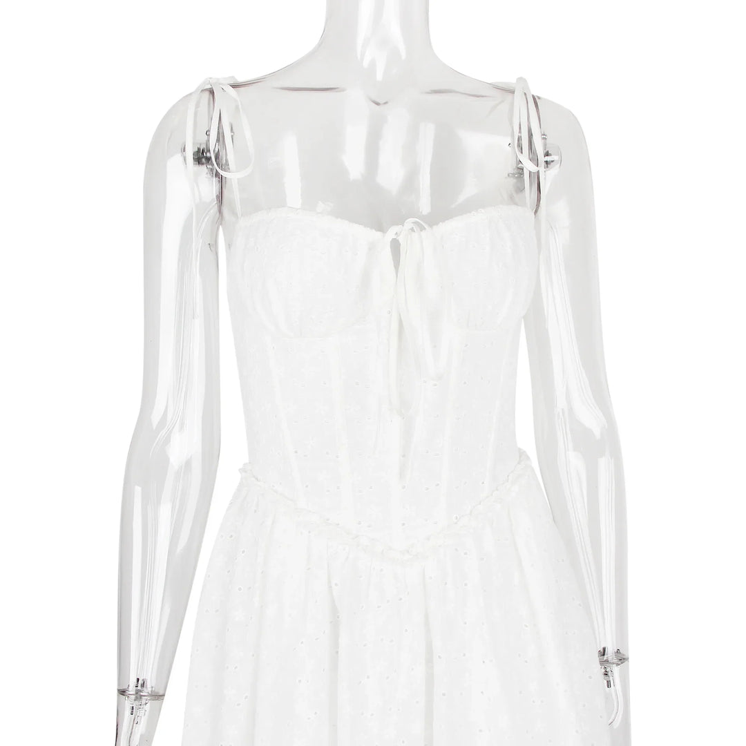 A-Line Mini Dress with Embroidery and Tie Straps - GAYA
