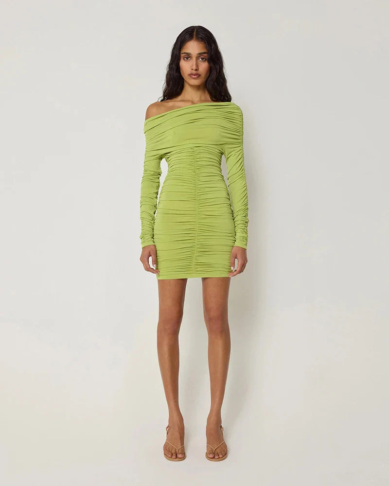 Mini dress with ruching and one off-shoulder sleeve - Sapir