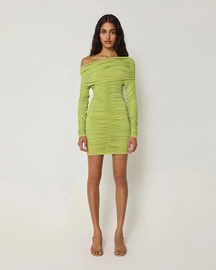 Mini dress with ruching and one off-shoulder sleeve - Sapir