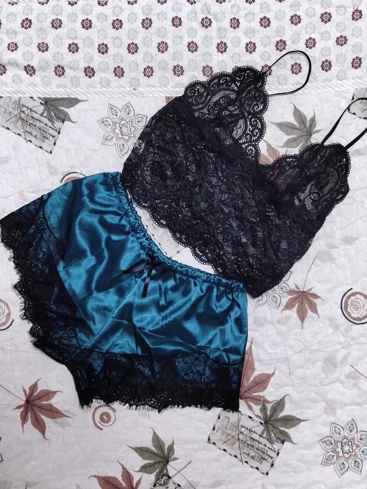Babydoll Set with Satin Shorts and Lace Top - Noelle