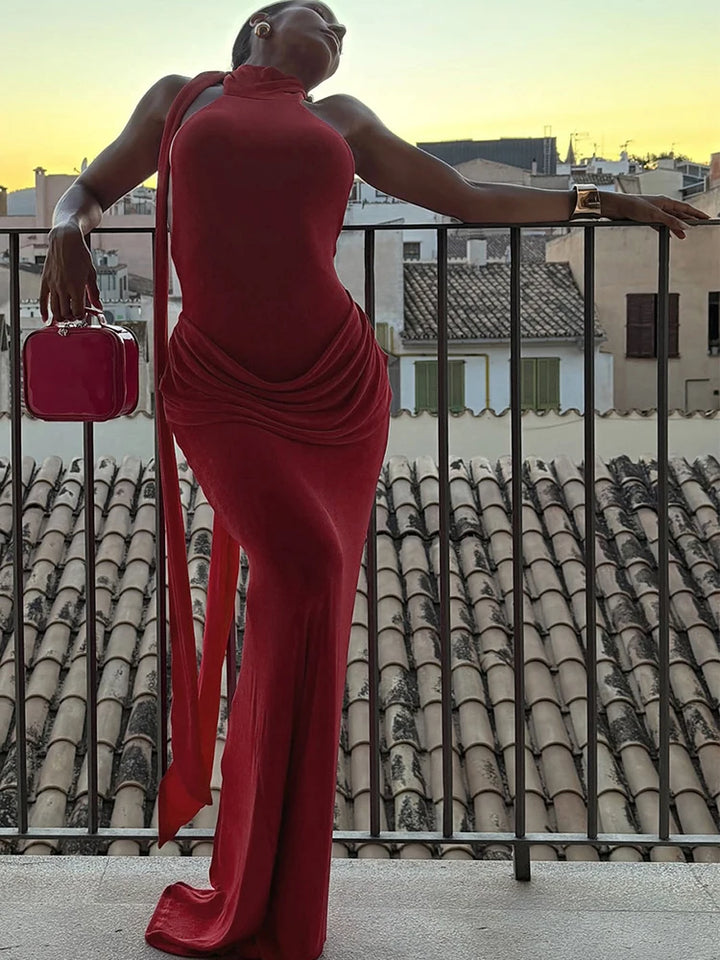 Velvet Collar Maxi Dress with Open Back and Pleats - Ciara