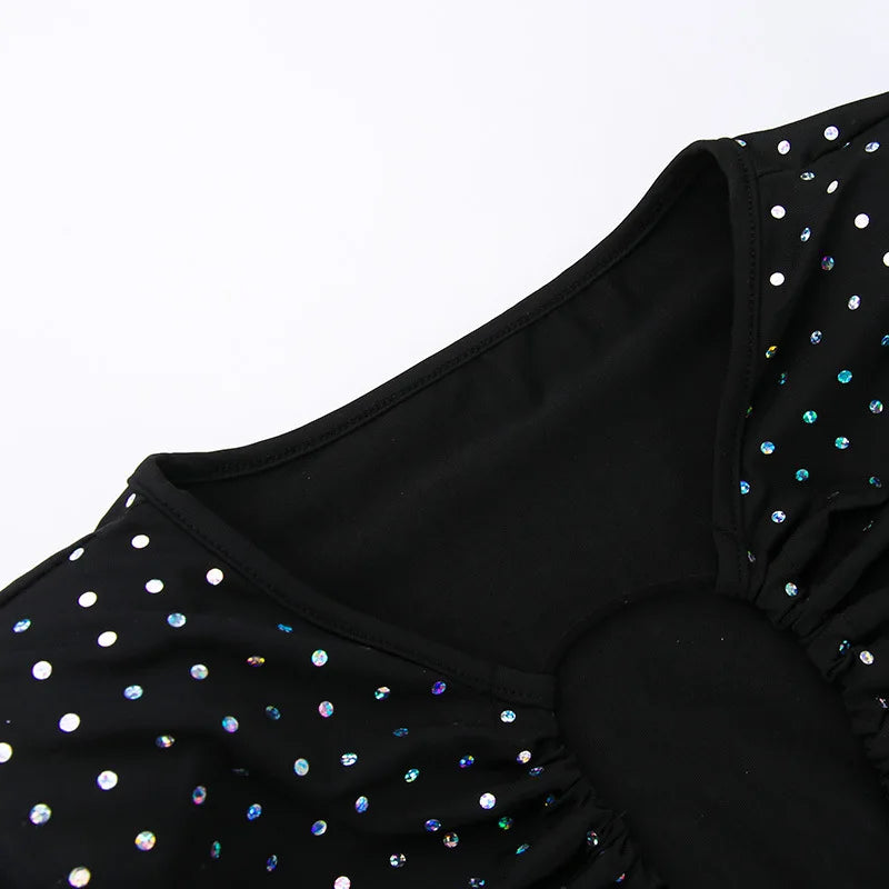 Maxi evening dress with sequins, decorated with a tie neckline - Michaela