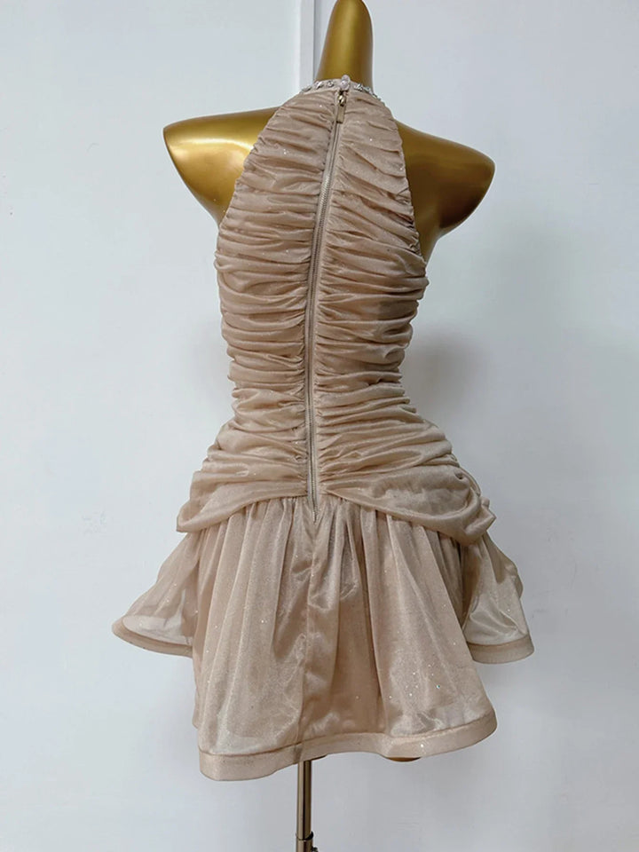 Chiffon Pleated Ruffled Mini Dress with Diamond and Sequin Decoration - Yava