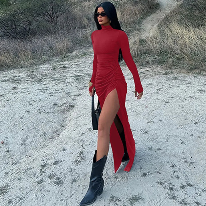 Maxi Dress with Ruching, Turtleneck, and Deep Slit - Sasha
