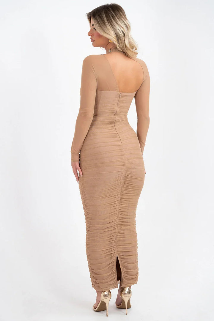 Maxi dress with ruching in shaping fabric and mesh sleeves - LIBAR